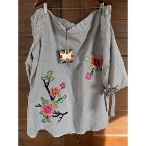 Lovedrobe Off The Shoulder Striped Blouse Embroidered Flowers NWT SIZE 30
